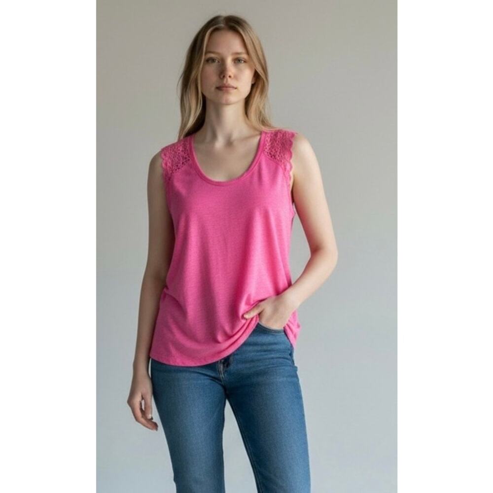 Michael Stars Vienna Lace Tank OS Pink Supima Cotton USA NWT